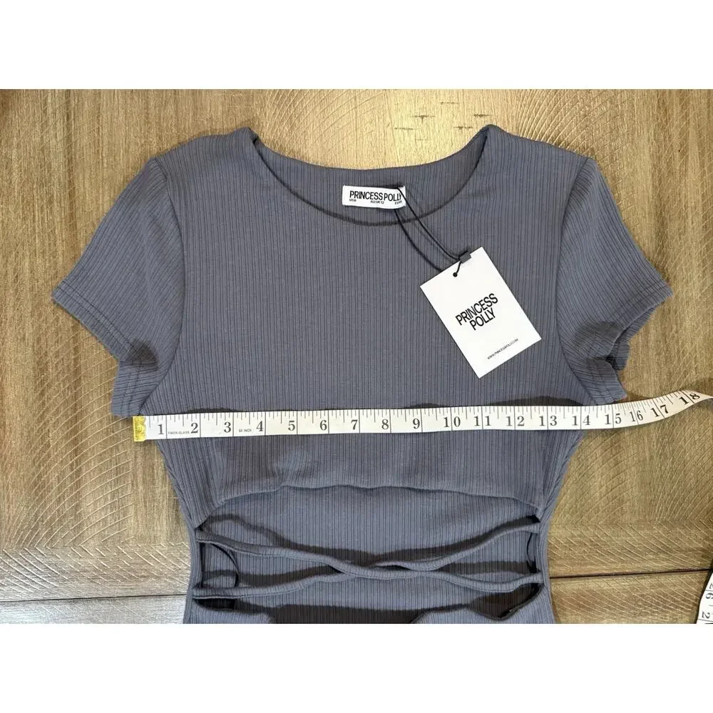 NWT PRINCESS POLLY Nicola Bodysuit Slate Gray Ribbed Criss Cross Thong Stretch 8 - Picture 10 of 16